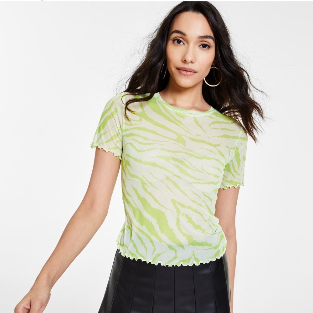 Bar III Printed Mesh Lettuce-Edged T-Shirt**NWT**